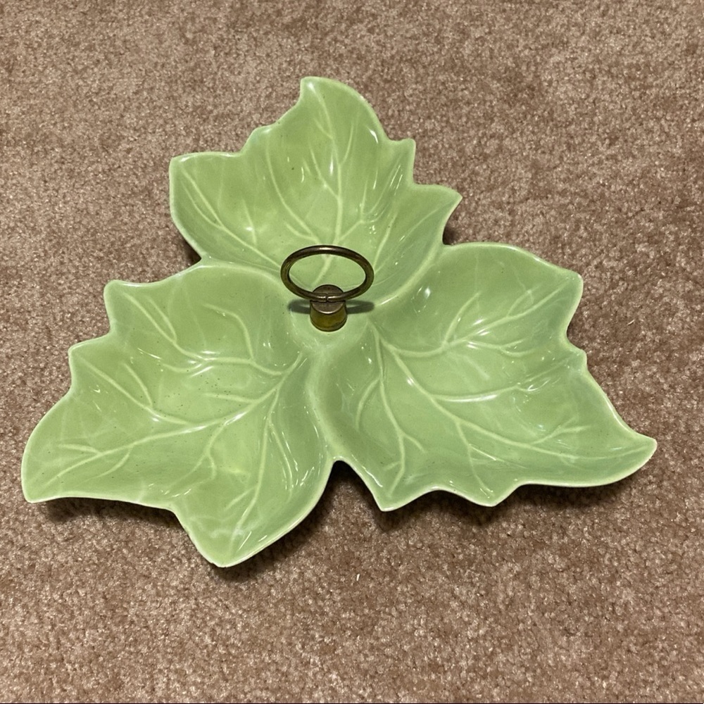 Vintage MCM USA Pottery - Triple Green Leaf Divided Dish with Brass Handle